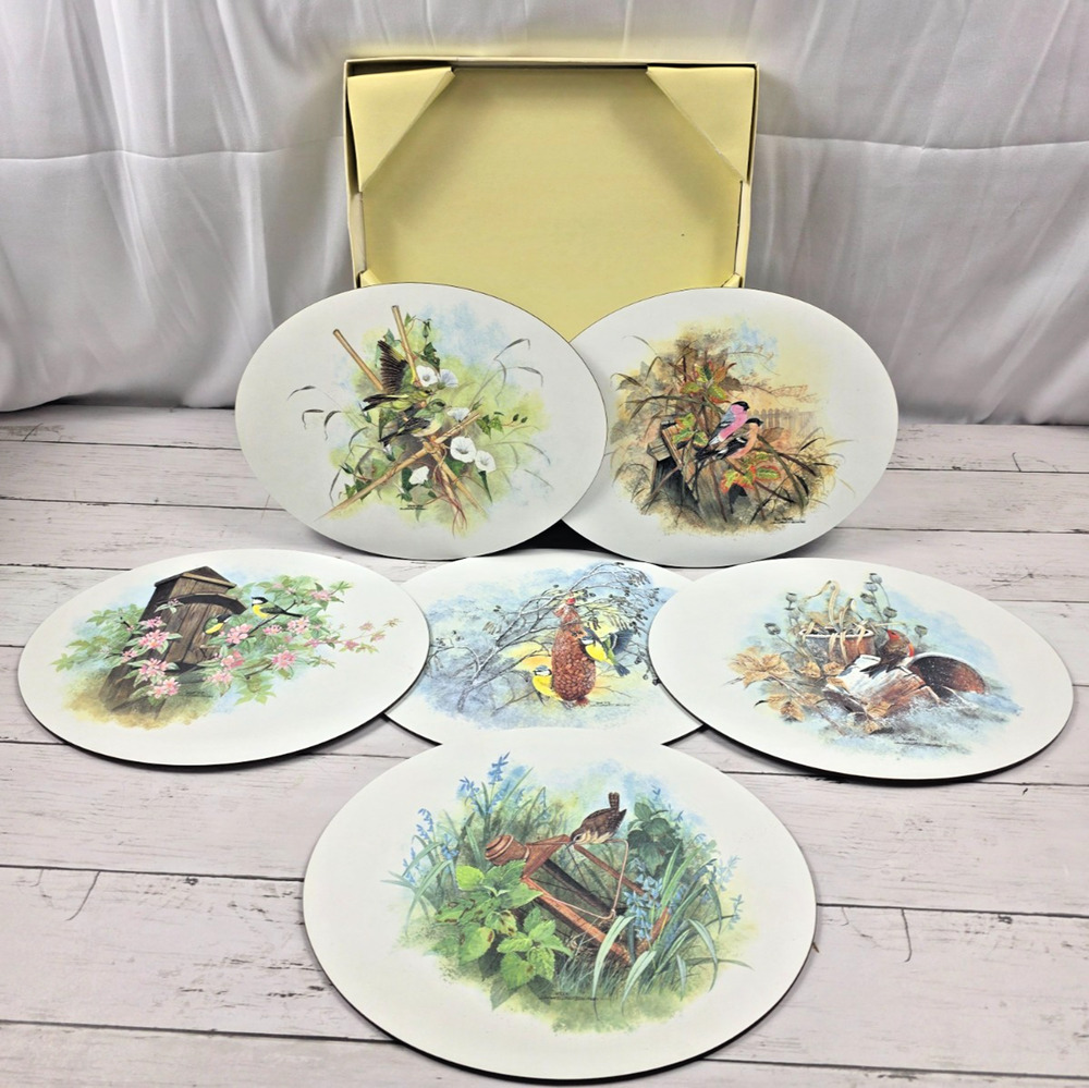 Bird Placemats w/Gray Felt Back, Christopher Scales Signed Set of 6, 11.5"x8.75"